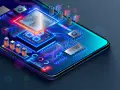 Abstrakte Darstellung eines Smartphone-Prozessors mit leuchtenden Schaltkreisen und Komponenten.