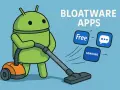Android-Roboter saugt Bloatware-Apps wie "Free", "Samsung" und eine Chat-Blase ab.