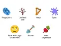 Sechs neue WhatsApp Emojis: Fingerabdruck, kahler Baum, Harfe, Farbklecks, müdes Gesicht, Schaufel, Wurzelgemüse.