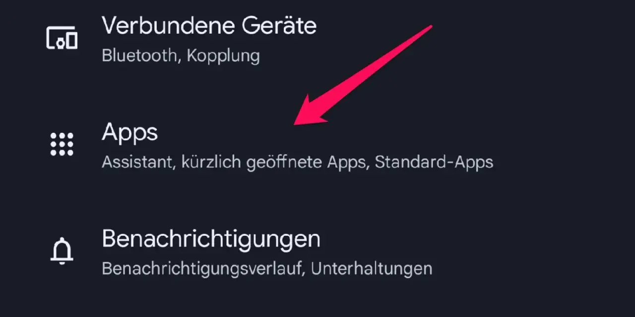 Android-Menü mit hervorgehobener Option "Apps" und Pfeil.