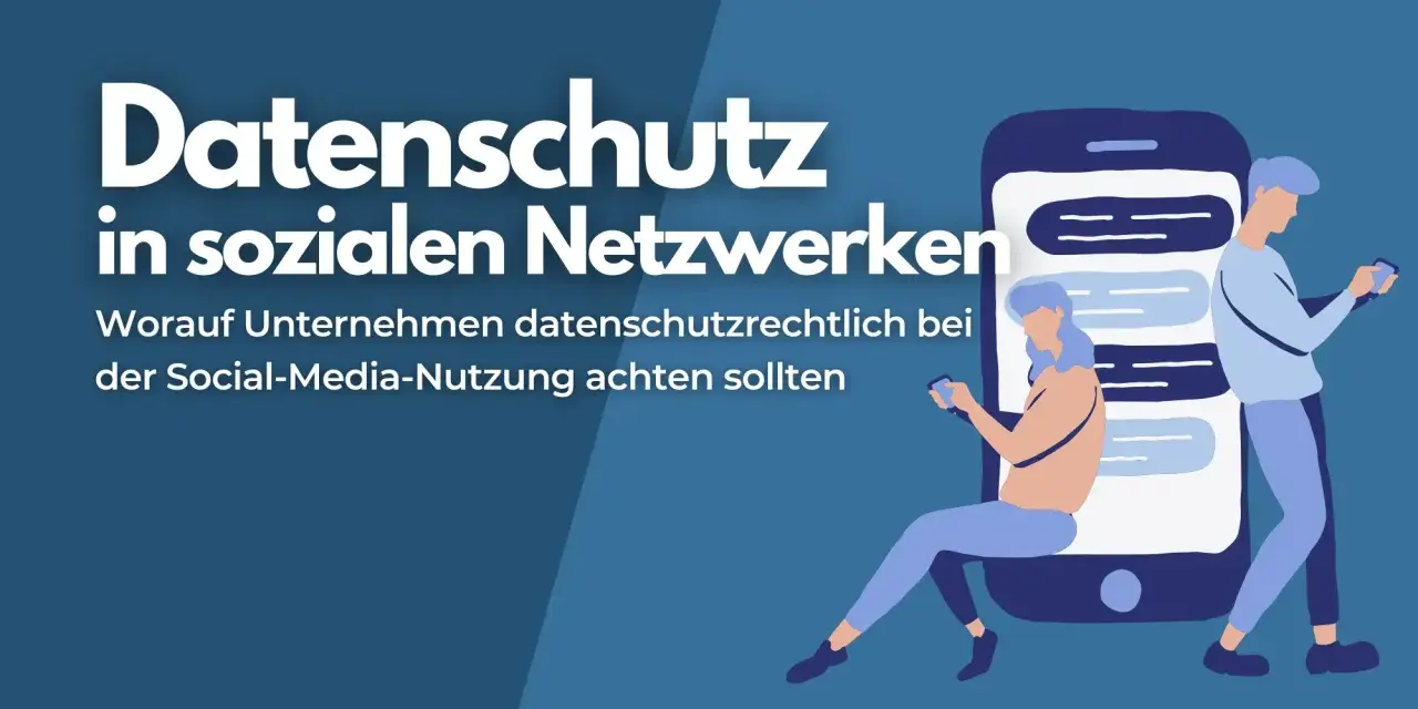 Zwei Personen mit Smartphones vor einem großen Smartphone-Symbol mit Chatblasen.