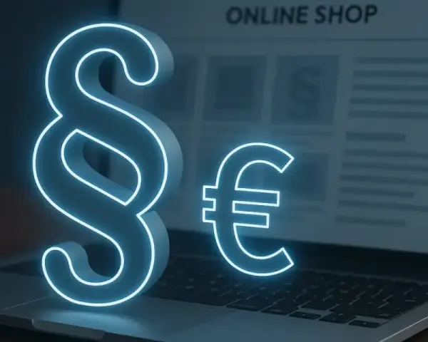 Ein Paragrafzeichen und ein Euro-Symbol leuchten auf einem Laptop mit "Online Shop" im Hintergrund.