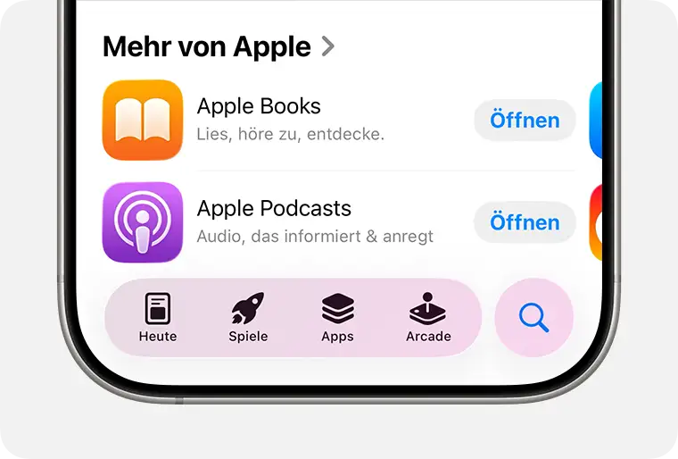 Apple App Store Benutzeroberfläche auf dem iPhone mit den Tabs Heute, Spiele, Apps