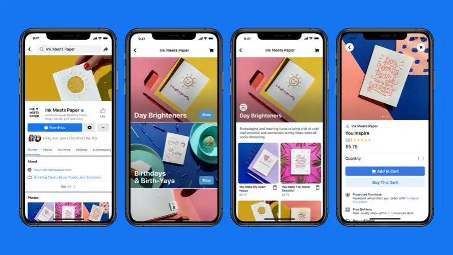Online-Shop auf einem Smartphone mit Facebook-Logo im Hintergrund