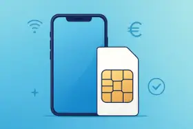 Smartphone und SIM-Karte vor blauem Hintergrund mit Icons für WLAN, Euro und Haken.