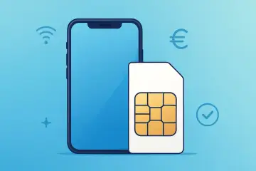 Smartphone und SIM-Karte vor blauem Hintergrund mit Icons für WLAN, Euro und Haken.