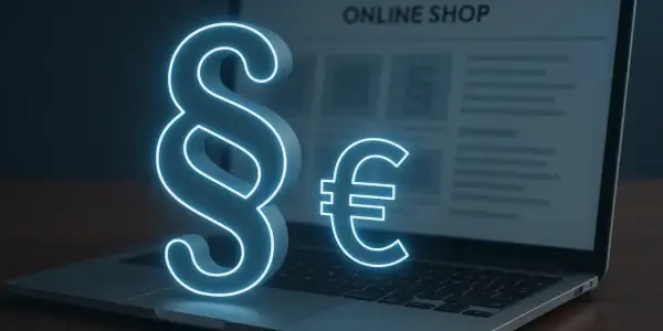 Ein Paragrafzeichen und ein Euro-Symbol leuchten auf einem Laptop mit "Online Shop" im Hintergrund.