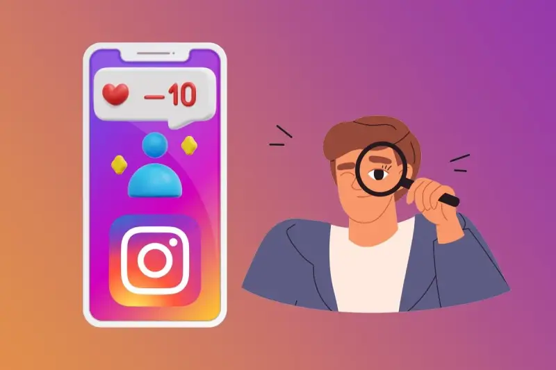 Mann mit Lupe schaut auf Instagram-App mit Herz und -10 Followern.