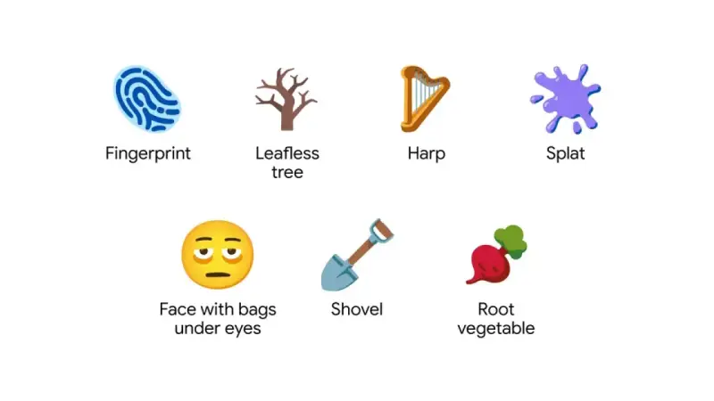 Sechs neue WhatsApp Emojis: Fingerabdruck, kahler Baum, Harfe, Farbklecks, müdes Gesicht, Schaufel, Wurzelgemüse.